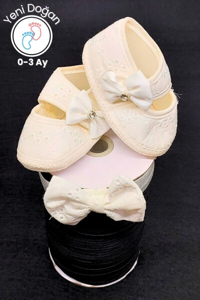 0-3 Months Newborn Stone Bow White Baby Bandana Bootie Set - 8