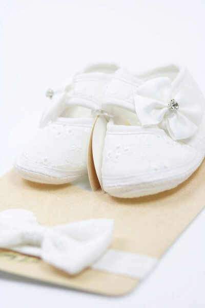 0-3 Months Newborn Stone Bow White Baby Bandana Bootie Set - 2