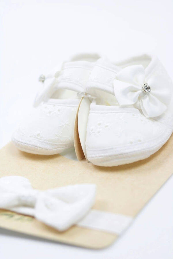 0-3 Months Newborn Stone Bow White Baby Bandana Bootie Set - 2