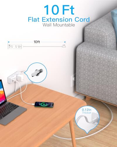 10 Metre Uzunlukta Çoklu Prizli Uzatma Kablosu, Düz Fişli Priz Koruyucu, 10 Metre Uzunluğunda Kablo, 6 Priz 3 USB Bağlantı Noktası (1 USB C), Seyahat, Kolej, Yurt Odası İçin Çoklu Priz Duvar Fişi - 7