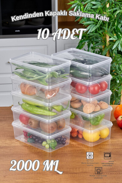 10 Pack Refrigerator Organizer Self-Closing Microwave & Freezer Safe 2000 ML Rectangular Storage Container - 8