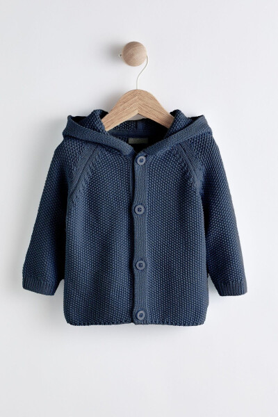 100% Cotton Navy Blue Hooded Knit Baby Cardigan - 1