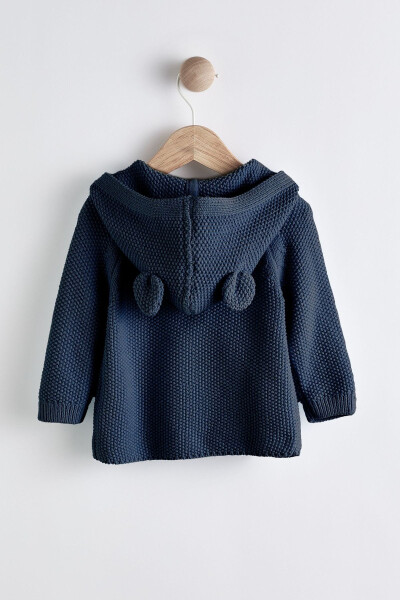 100% Cotton Navy Blue Hooded Knit Baby Cardigan - 2