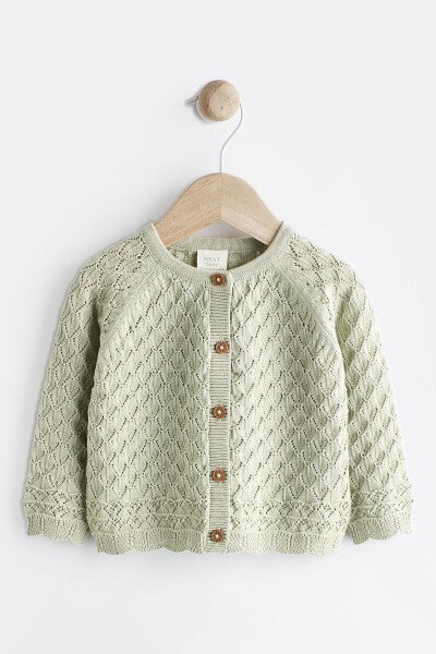 100% Cotton Sage Green Knit Baby Cardigan - 1