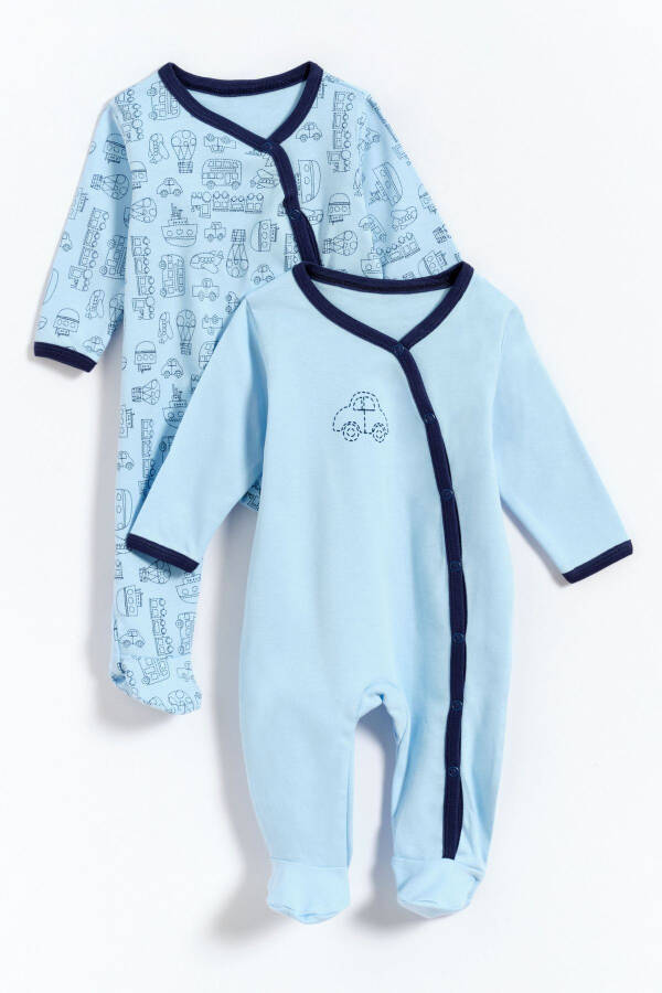 100% Cotton Ship Car Printed Footed 2-Pack Baby Boy Romper - Blue - 4