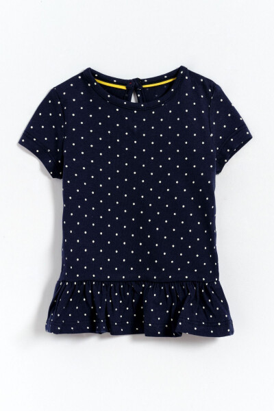 100% Cotton Skirt Hem with Ruffle Detail Polka Dot Baby Girl T-Shirt - Navy - 4