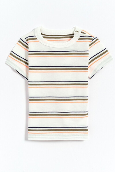 100% Cotton Striped Baby Boy T-Shirt with Snap Closure - White - 4