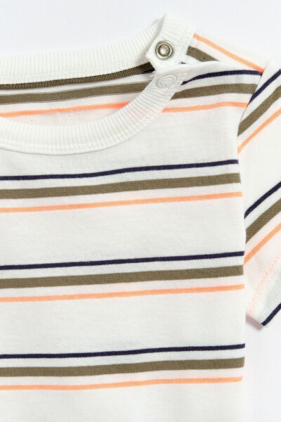 100% Cotton Striped Baby Boy T-Shirt with Snap Closure - White - 5