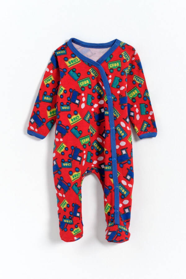 100% Cotton Train Print Footed Baby Boy Romper - Red - 4