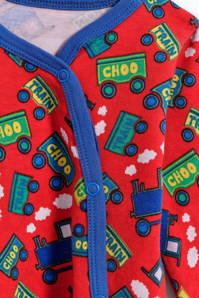 100% Cotton Train Print Footed Baby Boy Romper - Red - 2