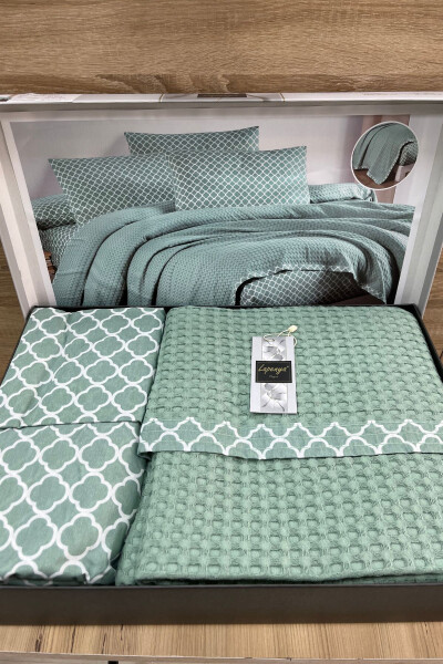 100% Cotton Woven Sheet with Elastic Double Bed Quilt Set - 2