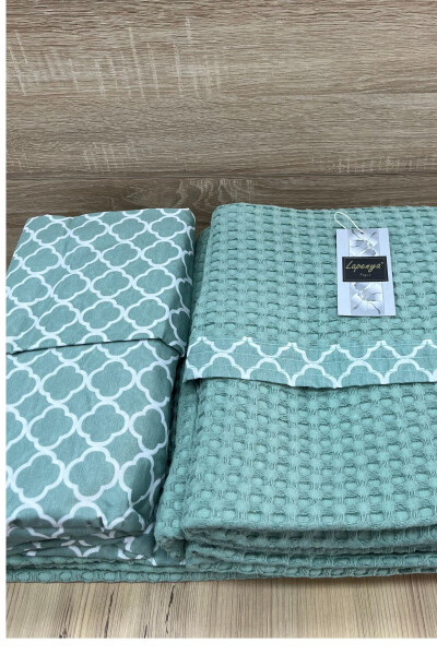 100% Cotton Woven Sheet with Elastic Double Bed Quilt Set - 3