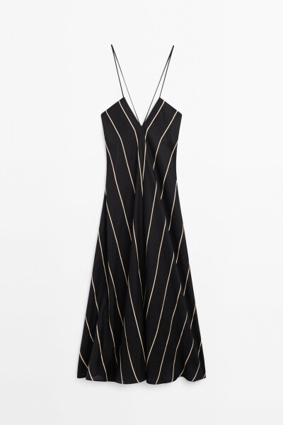 100% Linen Contrast Stripe Midi Dress - 12