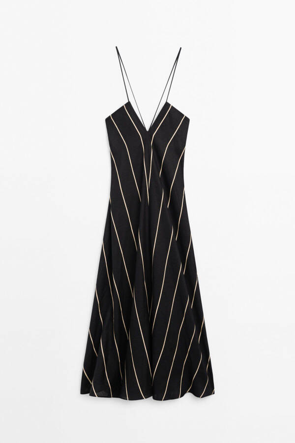 100% Linen Contrast Stripe Midi Dress - 12