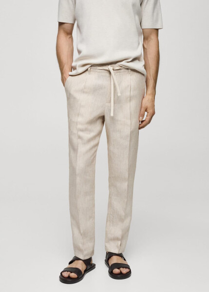 100% Linen Slim Fit Striped Trousers - 3