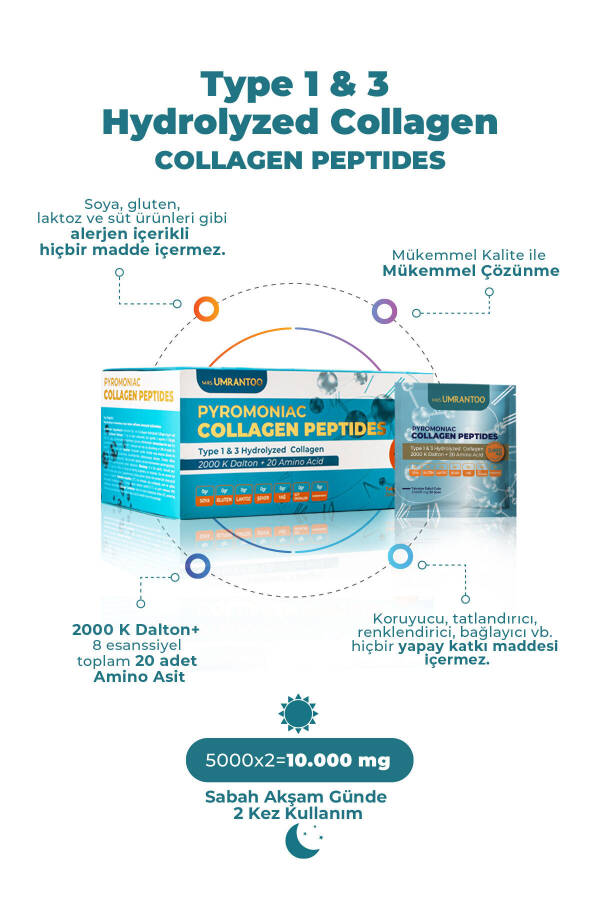 100% Pure and Hydrolyzed Collagen 30 Sachets Type 1 and Type 3 - 10