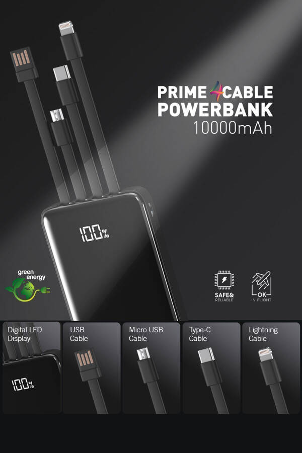 10,000 Mah Prime Digital Display Built-in Multi-Cable Power Bank, Black, Portable Charger - 9