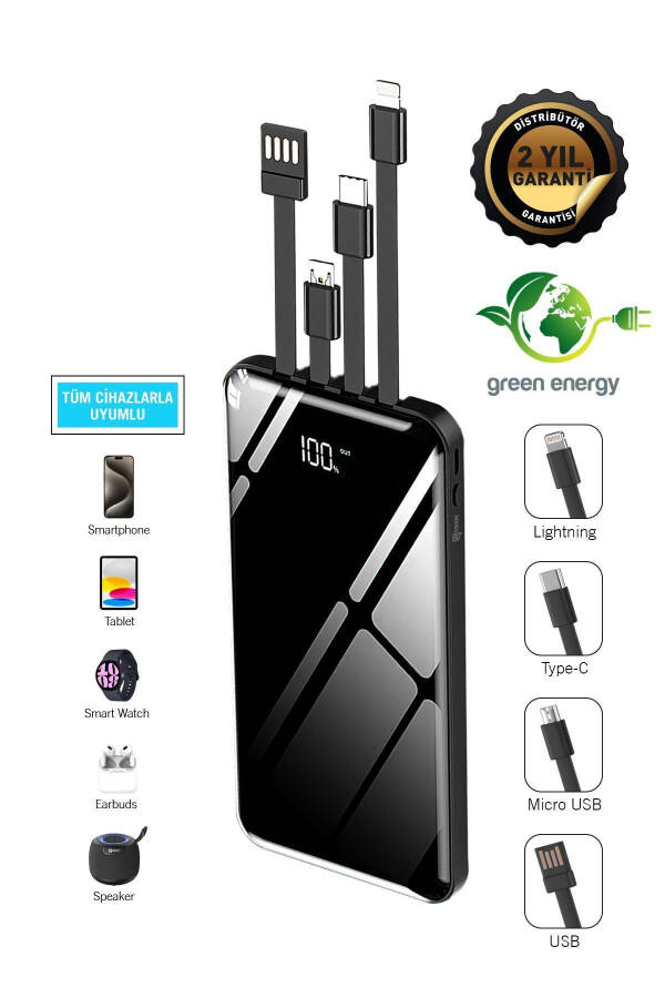 10.000 Mah Prime Dijital Göstergeli Dahili Çoklu Kablolu Powerbank, siyah, taşınabilir Şarj Cihazı - 8