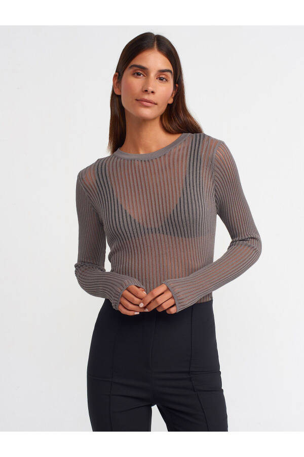 10355 Crew Neck Sheer Sweater - Charcoal - 17