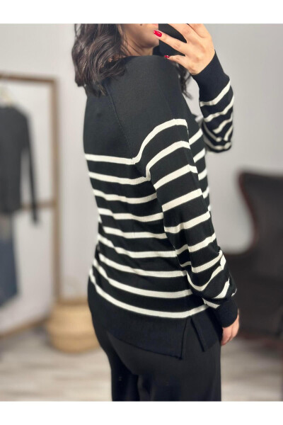 10542 Striped Basic Thin Knit Sweater with Crew Neck - 9