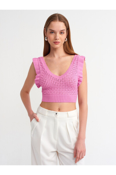 10546 V bo'yinli ruffli triko crop top - pushti - 1