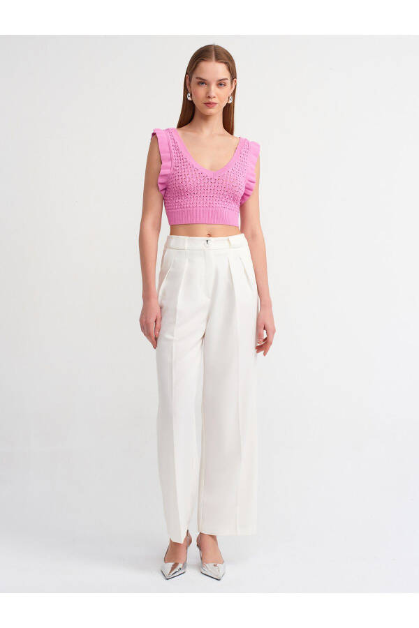 10546 V bo'yinli ruffli triko crop top - pushti - 3