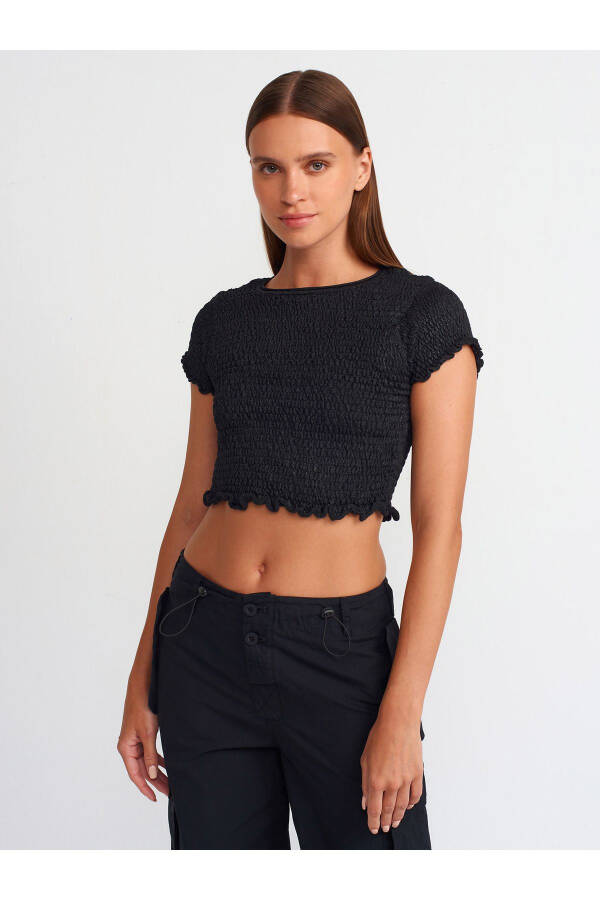 10554 Crew Neck Fluffy Textured Knit Blouse - Black - 13