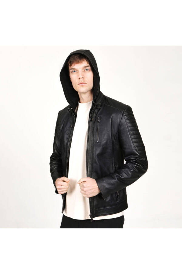 1055/k Black Men's Hooded Leather Jacket - 4