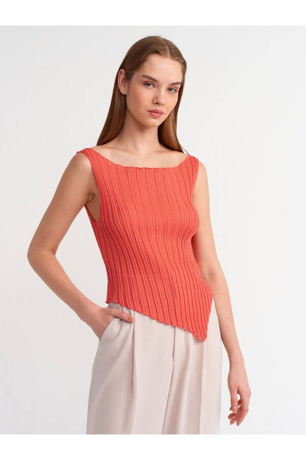 10560 Boat Neck Ribbed Sheer Knit Blouse - Red - 17