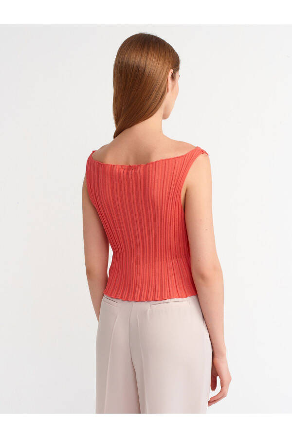 10560 Boat Neck Ribbed Sheer Knit Blouse - Red - 18