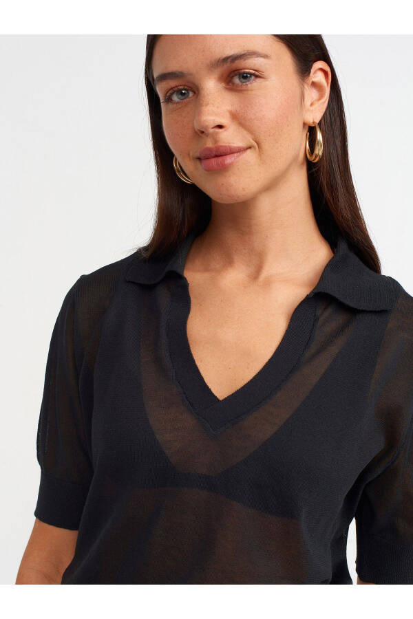 10570 Polo Collar Short Sleeve Sheer Blouse - Black - 12