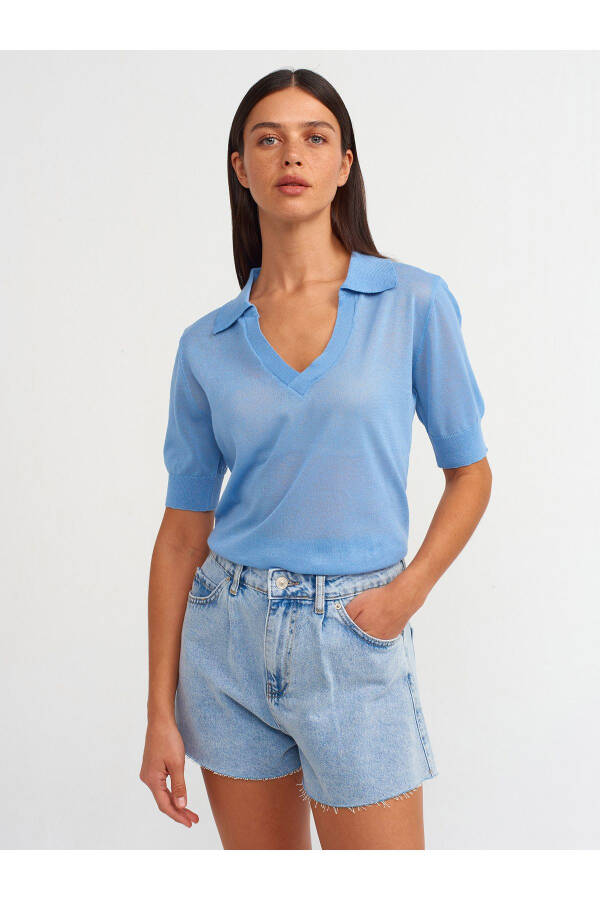 10570 Polo Collar Short Sleeve Sheer Blouse - Blue - 17