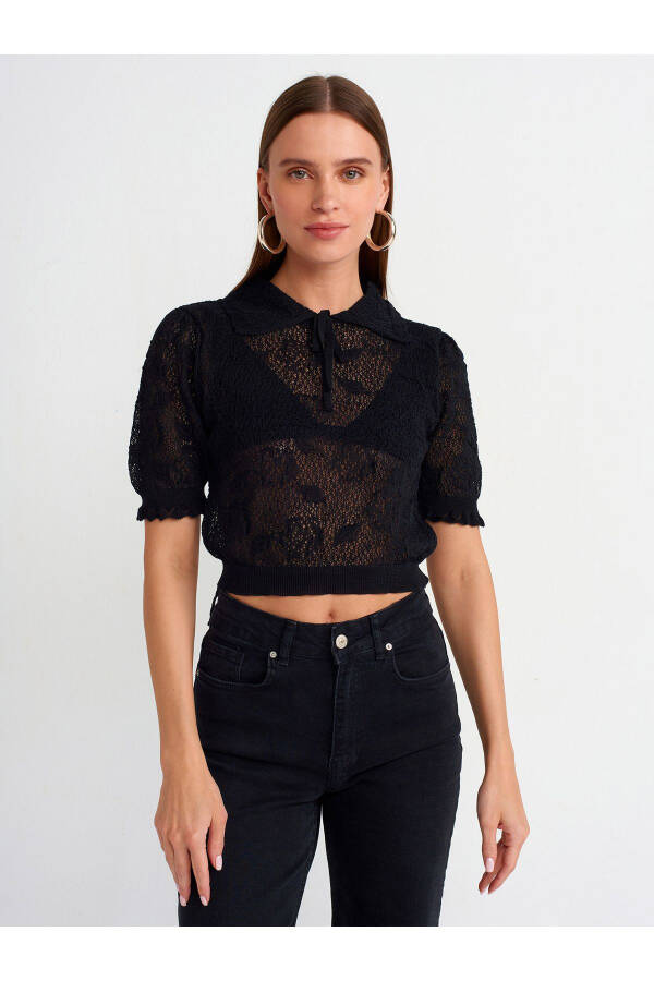 10576 Polo Neck Lace Knit Blouse - Black - 17