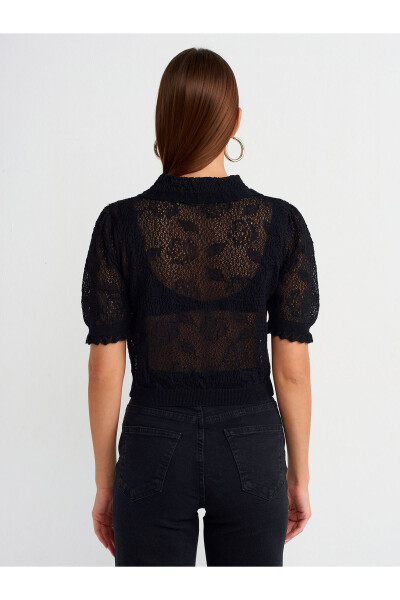 10576 Polo Neck Lace Knit Blouse - Black - 18