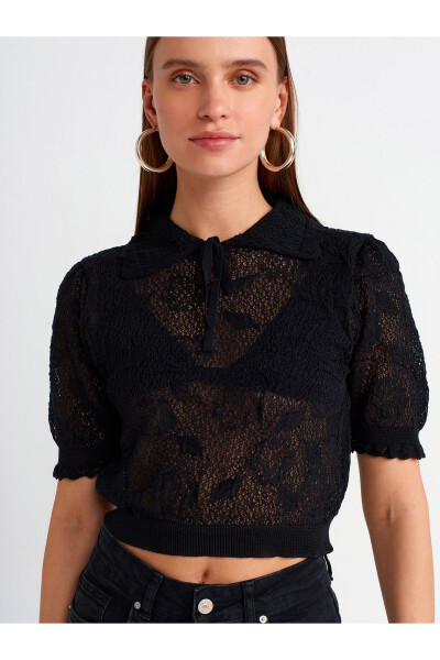 10576 Polo Neck Lace Knit Blouse - Black - 20