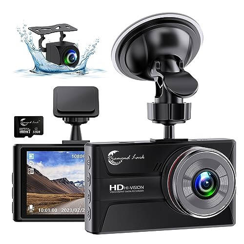 1080P Dash Cam Front and Rear with 32GB SD Card, Diamond Lark Dual Dash Camera for Cars, 3” IPS Display Dashcam with Type-C Port,WDR,G-Sensor,Loop Recording,24H Time Lapse Parking Monitor,Night Vision - 1