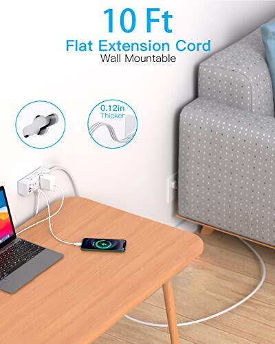 10Ft Extension Cord with Multiple Outlets, Flat Plug Power Strip Surge Protector with 10 Ft Long Cord, 6 Outlet 3 USB Ports (1 USB C), Multi Outlet Wall Plug for Travel, College, Dorm Room Essentials - 2