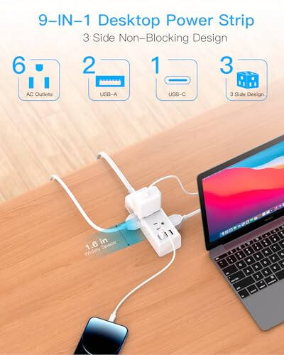 10Ft Extension Cord with Multiple Outlets, Flat Plug Power Strip Surge Protector with 10 Ft Long Cord, 6 Outlet 3 USB Ports (1 USB C), Multi Outlet Wall Plug for Travel, College, Dorm Room Essentials - 3