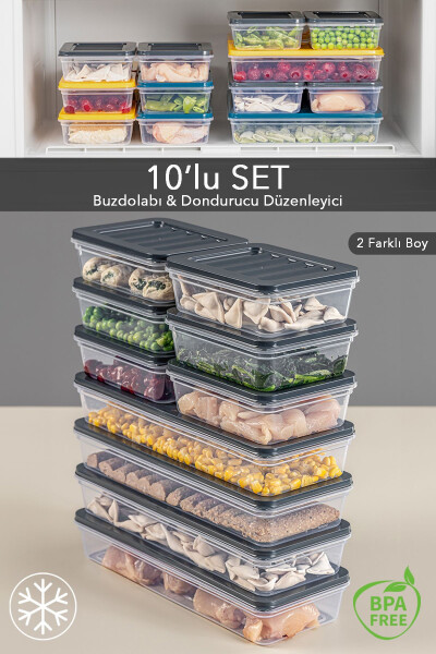 10'lu Buzdolabı Organizer Mikrodalga Ve Difrize Uygun Saklama Kabı Antrasit 4 X 1170 ml - 6 X 600ml - 1