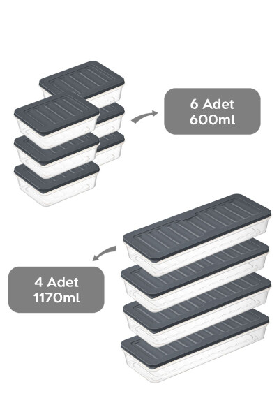 10'lu Buzdolabı Organizer Mikrodalga Ve Difrize Uygun Saklama Kabı Antrasit 4 X 1170 ml - 6 X 600ml - 2