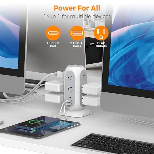 11 Çıkışlı 3 USB (1 USB C) Girişli Düz Fişli Kule Priz, TESSAN Dalgalanma Koruyucu Kule 1625W/13A, 1050J Koruma, Çoklu Çıkışlı 6 Fit Uzatma Kablosu, Ofis Masası Malzemeleri, Yurt Öğrenci Eşyaları - 6