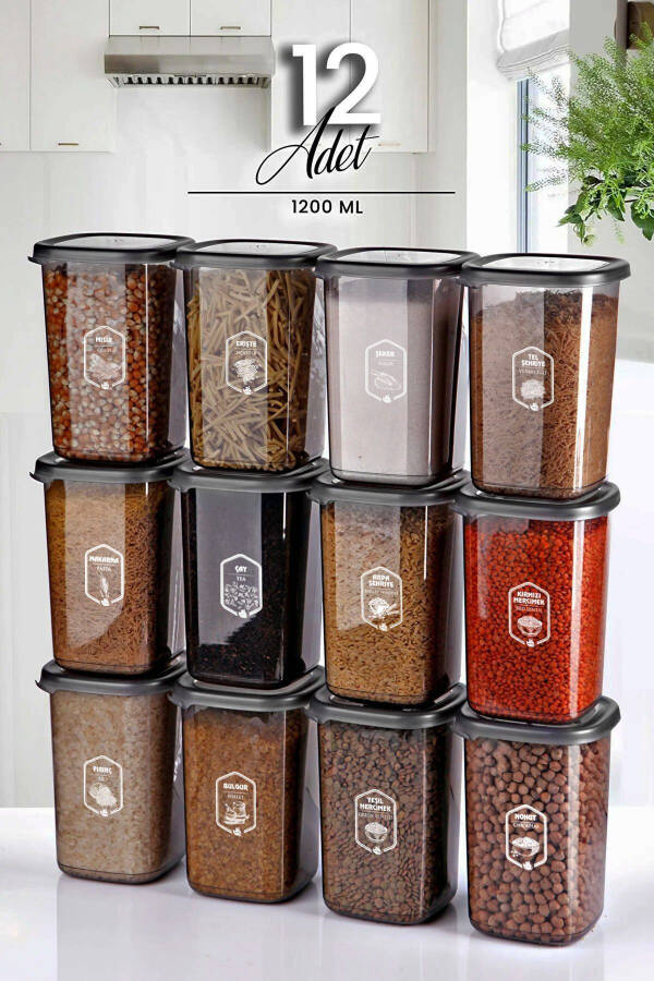 12 Piece Large Square Storage Container Set 1205 ml Anthracite Labelled Food Jar Set - 1