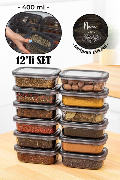 12-Piece Peggy Rectangular Spice Storage Container Set with White Screen Printed Labels, 400 ml, Anthracite - 1