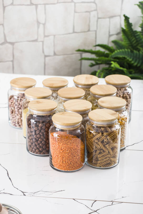 12 Piece Set Bamboo Lid Glass Jar & Food Storage Container 800 ml Medium Size ( Vacuum Lid ) - 1