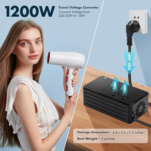 1200W Universal Travel Adapter Converter Step-Down 220V to 110V, 2 lbs Light Weight, Stable Pure Sine Wave, for Hair dryers, straighteners, Curling Irons, Coffee Makers (Black) - 4