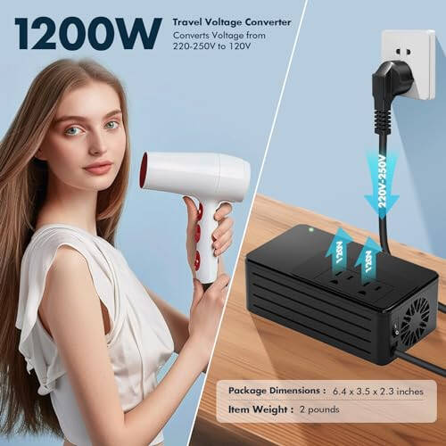 1200W Universal Travel Adapter Converter Step-Down 220V to 110V, 2 lbs Light Weight, Stable Pure Sine Wave, for Hair dryers, straighteners, Curling Irons, Coffee Makers (Black) - 4