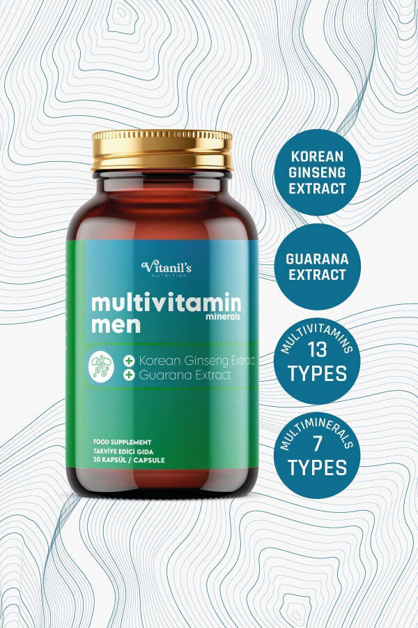 13 Tip Vitamin Mineral Multivitamin Mineraller Erkekler 30 Kapsül Kore Ginsengi & Guarana - 1