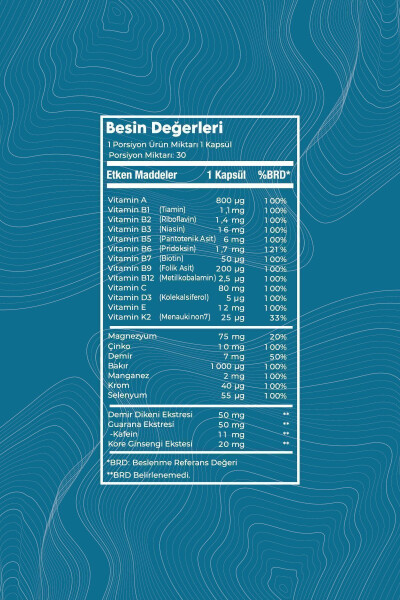 13 Tip Vitamin Mineral Multivitamin Mineraller Erkekler 30 Kapsül Kore Ginsengi & Guarana - 2