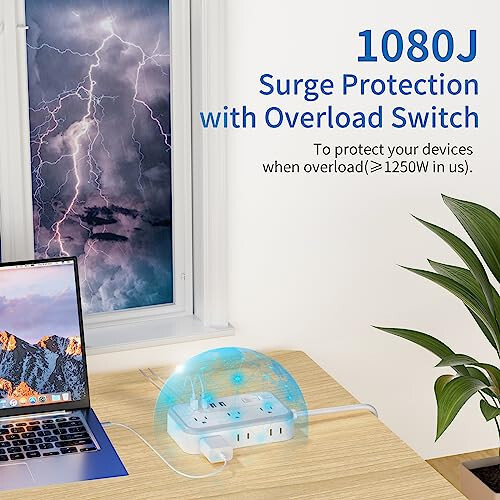 15 Feet Uzunluğunda Uzatma Kablosu, 6 Geniş Prizli ve 4 USB Portlu Akım Koruyucu Priz, Düz Fiş, Duvara Monte Priz Uzatıcısı, 1080 Joule, İç Mekan Ev Ofisi, Yurt Odası Gereçleri İçin Çoklu Prizler - 9