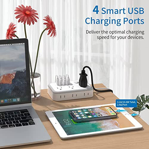 15 Feet Uzunluğunda Uzatma Kablosu, 6 Geniş Prizli ve 4 USB Portlu Akım Koruyucu Priz, Düz Fiş, Duvara Monte Priz Uzatıcısı, 1080 Joule, İç Mekan Ev Ofisi, Yurt Odası Gereçleri İçin Çoklu Prizler - 11